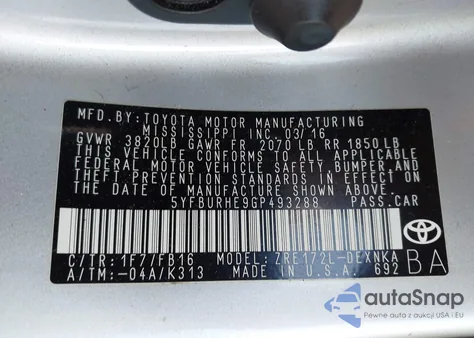 2016 Toyota Corolla Le z USA, uszkodzony, nr VIN 5YFBURHE9GP493288